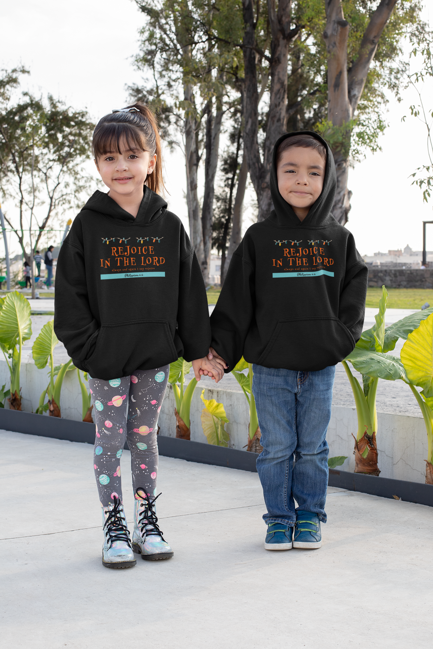 Black "Rejoice in the Lord" kids christian hooded sweatshirt