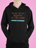 Black "Rejoice in the Lord" kids christian hooded sweatshirt