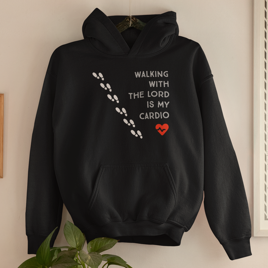 Black "Walking with the Lord is my cardio" unisex christian hooded sweatshirt