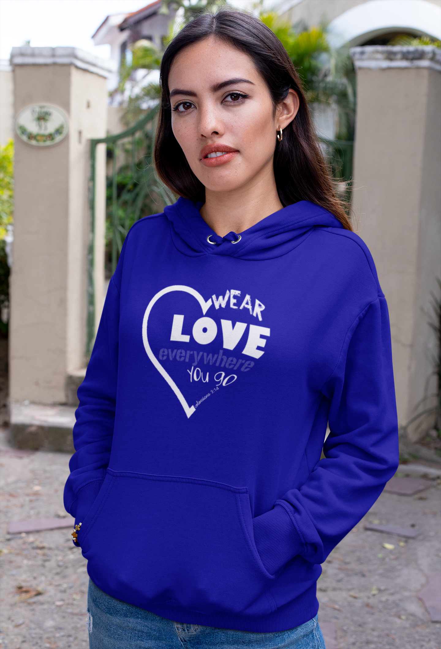 Royal blue “wear love everywhere you go” unisex Christian hooded sweatshirt